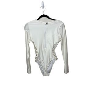 Forever 21 White One Piece Long Sleeve Zip Bathing Suit Swimsuit Size Medium